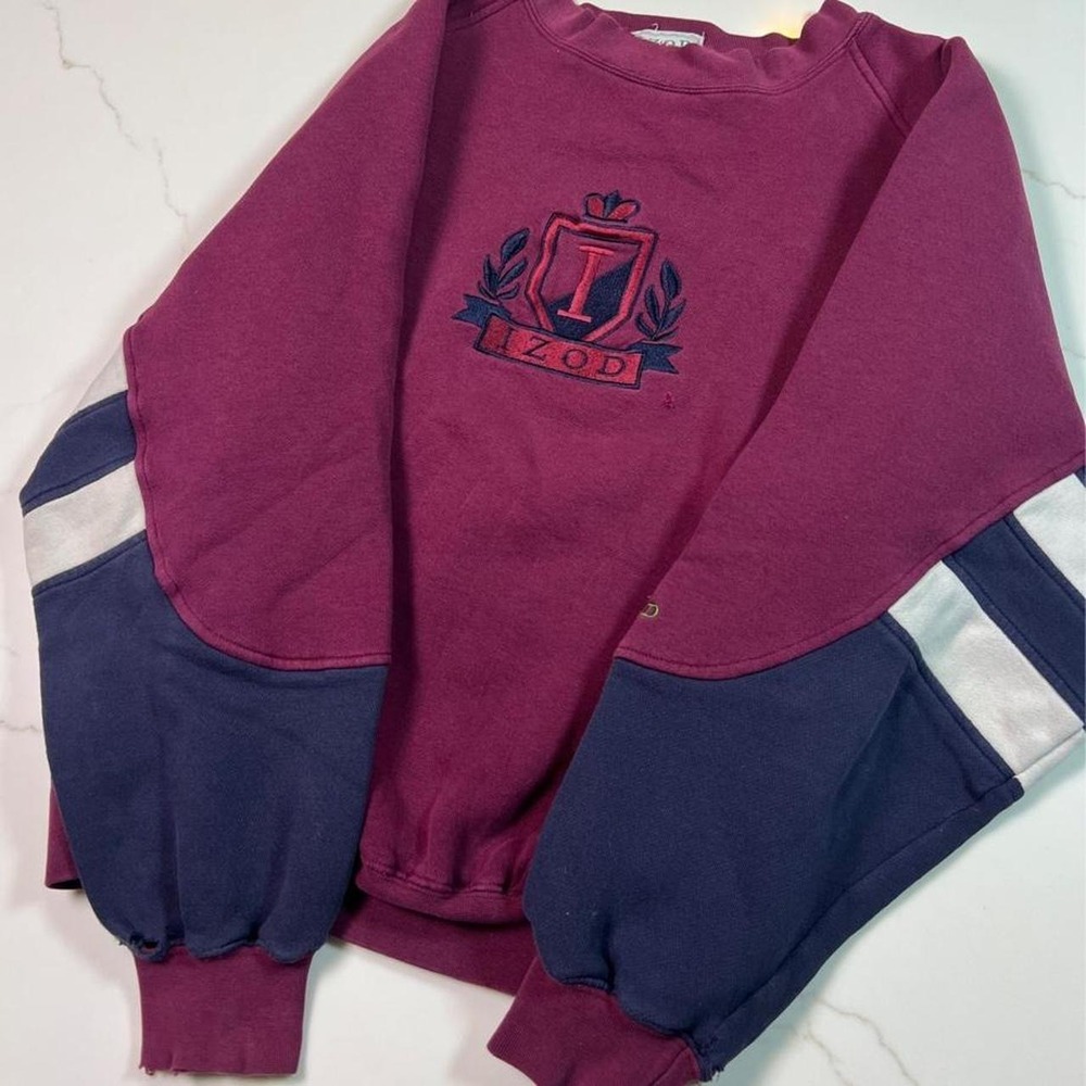 Izod Sweatshirt Mens Large Vintage Colorblock Crest Embroidered Maroon Navy